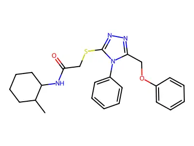 N-(2-methylcyclohexyl)-2-[[5-(phenoxymethyl)-4-phenyl-1,2,4-triazol-3-yl]sulfanyl]acetamide structure
