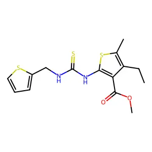 methyl 4-ethyl-5-methyl-2-(3-(thiophen-2-ylmethyl)thioureido)thiophene-3-carboxylate structure