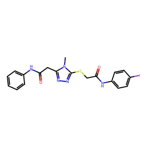 2-[5-[2-(4-iodoanilino)-2-oxoethyl]sulfanyl-4-methyl-1,2,4-triazol-3-yl]-N-phenylacetamide structure