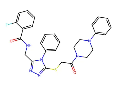 2-fluoro-N-[(5-{[2-oxo-2-(4-phenylpiperazin-1-yl)ethyl]sulfanyl}-4-phenyl-4H-1,2,4-triazol-3-yl)methyl]benzamide structure