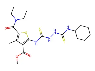 methyl 2-({[2-(cyclohexylcarbamothioyl)hydrazinyl]carbonothioyl}amino)-5-(diethylcarbamoyl)-4-methylthiophene-3-carboxylate structure