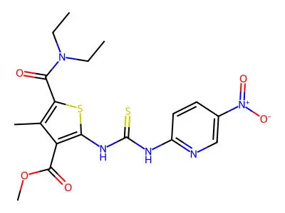 methyl 5-(diethylcarbamoyl)-4-methyl-2-(3-(5-nitropyridin-2-yl)thioureido)thiophene-3-carboxylate structure