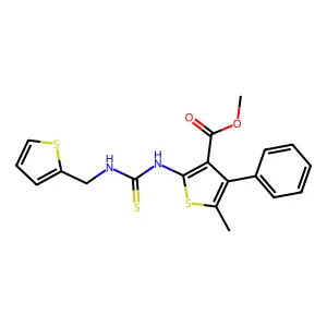 methyl 5-methyl-4-phenyl-2-(3-(thiophen-2-ylmethyl)thioureido)thiophene-3-carboxylate structure