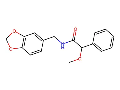 N-(1,3-benzodioxol-5-ylmethyl)-2-methoxy-2-phenylacetamide structure