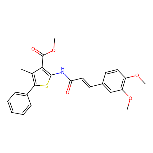 (E)-methyl 2-(3-(3,4-dimethoxyphenyl)acrylamido)-4-methyl-5-phenylthiophene-3-carboxylate structure