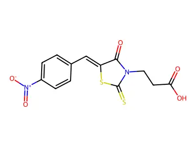(E)-3-(5-(4-nitrobenzylidene)-4-oxo-2-thioxothiazolidin-3-yl)propanoic acid structure
