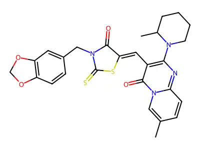 3-({3-[(2H-1,3-Benzodioxol-5-yl)methyl]-4-oxo-2-sulfanylidene-1,3-thiazolidin-5-ylidene}methyl)-7-methyl-2-(2-methylpiperidin-1-yl)-4H-pyrido[1,2-a]pyrimidin-4-one structure