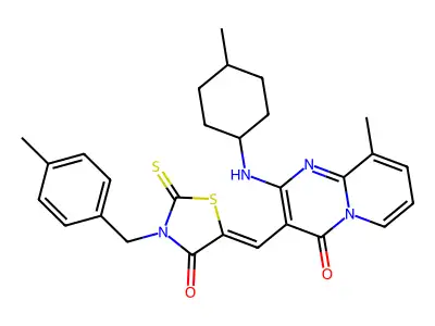 9-Methyl-2-[(4-methylcyclohexyl)amino]-3-({3-[(4-methylphenyl)methyl]-4-oxo-2-sulfanylidene-1,3-thiazolidin-5-ylidene}methyl)-4H-pyrido[1,2-a]pyrimidin-4-one structure