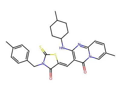 7-Methyl-2-[(4-methylcyclohexyl)amino]-3-({3-[(4-methylphenyl)methyl]-4-oxo-2-sulfanylidene-1,3-thiazolidin-5-ylidene}methyl)-4H-pyrido[1,2-a]pyrimidin-4-one structure