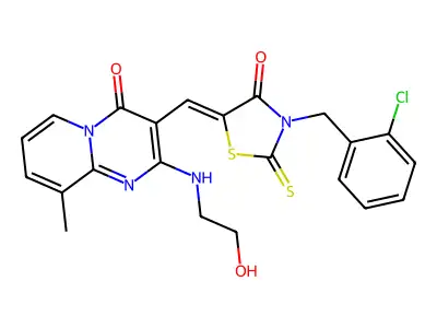 3-[(2-chlorophenyl)methyl]-5-[[2-(2-hydroxyethylamino)-9-methyl-4-oxopyrido[1,2-a]pyrimidin-3-yl]methylidene]-2-sulfanylidene-1,3-thiazolidin-4-one structure