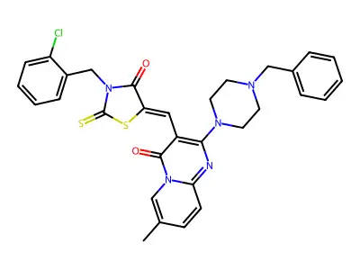 2-(4-Benzylpiperazin-1-yl)-3-({3-[(2-chlorophenyl)methyl]-4-oxo-2-sulfanylidene-1,3-thiazolidin-5-ylidene}methyl)-7-methyl-4H-pyrido[1,2-a]pyrimidin-4-one structure