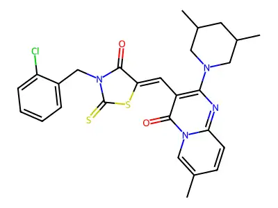 3-({3-[(2-Chlorophenyl)methyl]-4-oxo-2-sulfanylidene-1,3-thiazolidin-5-ylidene}methyl)-2-(3,5-dimethylpiperidin-1-yl)-7-methyl-4H-pyrido[1,2-a]pyrimidin-4-one structure