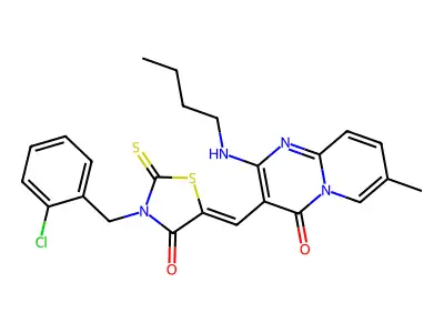 2-(Butylamino)-3-({3-[(2-chlorophenyl)methyl]-4-oxo-2-sulfanylidene-1,3-thiazolidin-5-ylidene}methyl)-7-methyl-4H-pyrido[1,2-a]pyrimidin-4-one structure
