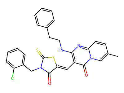 3-({3-[(2-Chlorophenyl)methyl]-4-oxo-2-sulfanylidene-1,3-thiazolidin-5-ylidene}methyl)-7-methyl-2-[(2-phenylethyl)amino]-4H-pyrido[1,2-a]pyrimidin-4-one structure