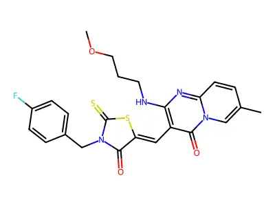 3-[(4-fluorophenyl)methyl]-5-[[2-(3-methoxypropylamino)-7-methyl-4-oxopyrido[1,2-a]pyrimidin-3-yl]methylidene]-2-sulfanylidene-1,3-thiazolidin-4-one structure