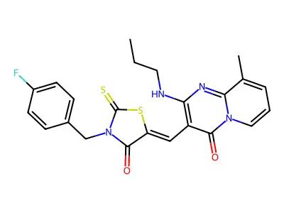 3-({3-[(4-Fluorophenyl)methyl]-4-oxo-2-sulfanylidene-1,3-thiazolidin-5-ylidene}methyl)-9-methyl-2-(propylamino)-4H-pyrido[1,2-a]pyrimidin-4-one structure