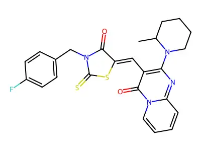 3-({3-[(4-Fluorophenyl)methyl]-4-oxo-2-sulfanylidene-1,3-thiazolidin-5-ylidene}methyl)-2-(2-methylpiperidin-1-yl)-4H-pyrido[1,2-a]pyrimidin-4-one structure