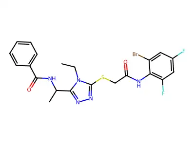 N-[1-[5-[2-(2-bromo-4,6-difluoroanilino)-2-oxoethyl]sulfanyl-4-ethyl-1,2,4-triazol-3-yl]ethyl]benzamide structure