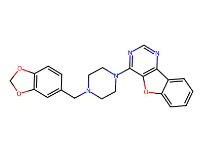 4-[4-(1,3-Benzodioxol-5-ylmethyl)-1-piperazinyl][1]benzofuro[3,2-d]pyrimidine structure