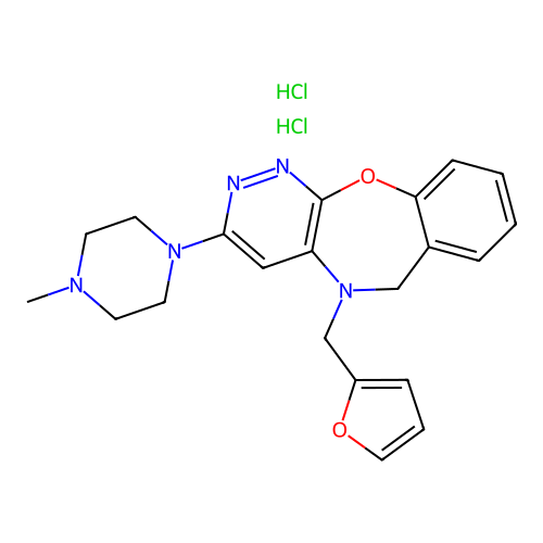 Pyridazino(3,4-b)(1,4)benzoxazepine, 10,11-dihydro-11-furfuryl-2 -(4-methyl-1-piperazinyl)-, dihydrochloride, trihydrate structure