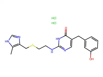 4(1H)-Pyrimidinone, 5-((3-hydroxyphenyl)methyl)-2-((2-(((5-methyl-1H-imidazol-4-yl)methyl)thio)ethyl)amino)-, dihydrochloride structure