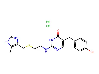 4(1H)-Pyrimidinone, 5-((4-hydroxyphenyl)methyl)-2-((2-(((5-methyl-1H-imidazol-4-yl)methyl)thio)ethyl)amino)-, dihydrochloride structure