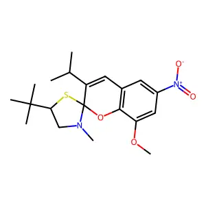 5-tert-butyl-8'-methoxy-3-methyl-6'-nitro-3'-propan-2-ylspiro[1,3-thiazolidine-2,2'-chromene] structure