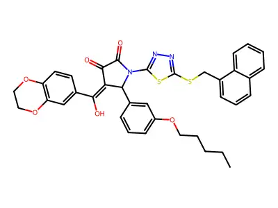 4-[2,3-dihydro-1,4-benzodioxin-6-yl(hydroxy)methylidene]-1-[5-(naphthalen-1-ylmethylsulfanyl)-1,3,4-thiadiazol-2-yl]-5-(3-pentoxyphenyl)pyrrolidine-2,3-dione structure