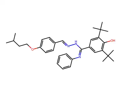 4-[Anilino(2-{[4-(3-methylbutoxy)phenyl]methylidene}hydrazinyl)methylidene]-2,6-di-tert-butylcyclohexa-2,5-dien-1-one structure