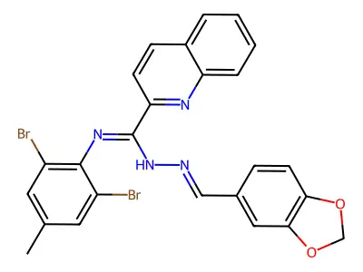 N-(1,3-benzodioxol-5-ylmethylideneamino)-N'-(2,6-dibromo-4-methylphenyl)quinoline-2-carboximidamide structure