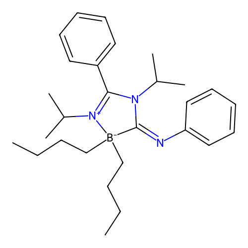 (E)-2,2-dibutyl-1,4-diisopropyl-5-phenyl-3-(phenylimino)-3,4-dihydro-2H-1,4,2-diazaborol-1-ium-2-uide structure