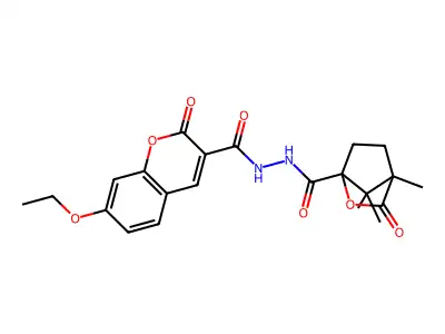 7-ethoxy-2-oxo-N'-(1,7,7-trimethyl-2-oxo-3-oxabicyclo[2.2.1]heptane-4-carbonyl)chromene-3-carbohydrazide structure