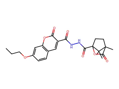 2-oxo-7-propoxy-N'-(1,7,7-trimethyl-2-oxo-3-oxabicyclo[2.2.1]heptane-4-carbonyl)chromene-3-carbohydrazide structure