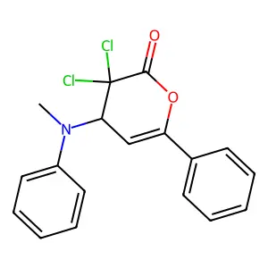 3,3-dichloro-4-(N-methylanilino)-6-phenyl-4H-pyran-2-one structure