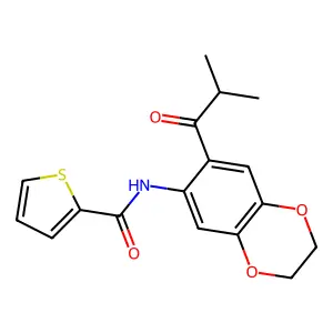 N-[7-(2-methylpropanoyl)-2,3-dihydro-1,4-benzodioxin-6-yl]thiophene-2-carboxamide structure