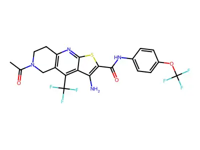 6-acetyl-3-amino-N-[4-(trifluoromethoxy)phenyl]-4-(trifluoromethyl)-5,6,7,8-tetrahydrothieno[2,3-b][1,6]naphthyridine-2-carboxamide structure