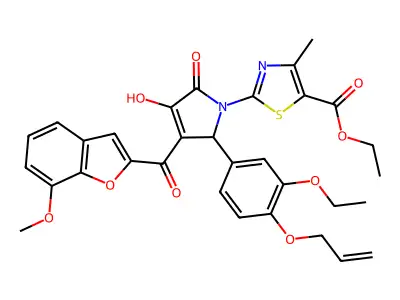 Ethyl 2-[2-{3-ethoxy-4-[(prop-2-en-1-yl)oxy]phenyl}-4-hydroxy-3-(7-methoxy-1-benzofuran-2-carbonyl)-5-oxo-2,5-dihydro-1H-pyrrol-1-yl]-4-methyl-1,3-thiazole-5-carboxylate structure