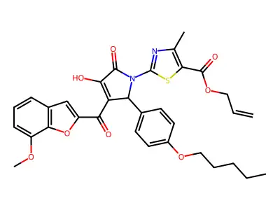 Prop-2-en-1-yl 2-{3-hydroxy-4-(7-methoxy-1-benzofuran-2-carbonyl)-2-oxo-5-[4-(pentyloxy)phenyl]-2,5-dihydro-1H-pyrrol-1-yl}-4-methyl-1,3-thiazole-5-carboxylate structure