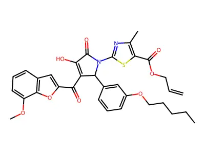 Prop-2-en-1-yl 2-{3-hydroxy-4-(7-methoxy-1-benzofuran-2-carbonyl)-2-oxo-5-[3-(pentyloxy)phenyl]-2,5-dihydro-1H-pyrrol-1-yl}-4-methyl-1,3-thiazole-5-carboxylate structure