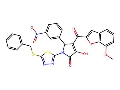 1-(5-benzylsulfanyl-1,3,4-thiadiazol-2-yl)-4-hydroxy-3-(7-methoxy-1-benzofuran-2-carbonyl)-2-(3-nitrophenyl)-2H-pyrrol-5-one structure