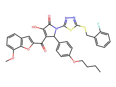 5-(4-Butoxyphenyl)-1-(5-{[(2-fluorophenyl)methyl]sulfanyl}-1,3,4-thiadiazol-2-yl)-3-hydroxy-4-(7-methoxy-1-benzofuran-2-carbonyl)-1,5-dihydro-2H-pyrrol-2-one structure