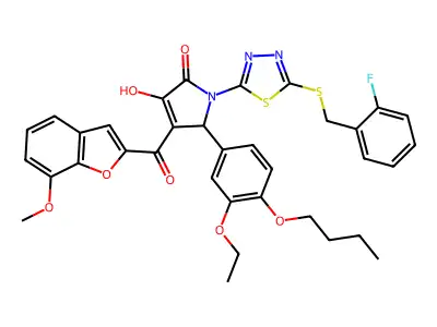 2-(4-butoxy-3-ethoxyphenyl)-1-[5-[(2-fluorophenyl)methylsulfanyl]-1,3,4-thiadiazol-2-yl]-4-hydroxy-3-(7-methoxy-1-benzofuran-2-carbonyl)-2H-pyrrol-5-one structure