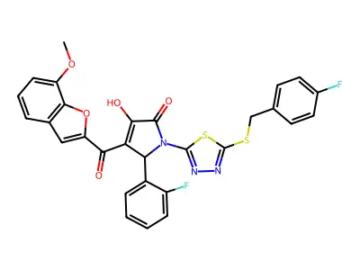 2-(2-fluorophenyl)-1-[5-[(4-fluorophenyl)methylsulfanyl]-1,3,4-thiadiazol-2-yl]-4-hydroxy-3-(7-methoxy-1-benzofuran-2-carbonyl)-2H-pyrrol-5-one structure
