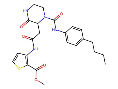 Methyl 3-(2-(1-((4-butylphenyl)carbamoyl)-3-oxopiperazin-2-yl)acetamido)thiophene-2-carboxylate structure