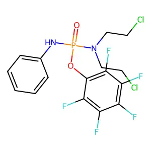 N-[bis(2-chloroethyl)amino-(2,3,4,5,6-pentafluorophenoxy)phosphoryl]aniline structure