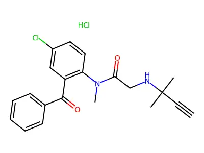 Acetamide, N-(2-benzoyl-4-chlorophenyl)-2-((1,1-dimethyl-2-propynyl)amino)-N-methyl-, monohydrochloride structure