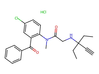 Acetamide, N-(2-benzoyl-4-chlorophenyl)-2-((1,1-diethyl-2-propynyl)amino)-N-methyl-, monohydrochloride structure