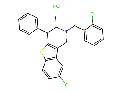 (1)Benzothieno(3,2-c)pyridine, 1,2,3,4-tetrahydro-8-chloro-2-((2-chlorophenyl)methyl)-3-methyl-4-phenyl-, hydrochloride structure