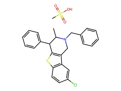 (1)Benzothieno(3,2-c)pyridine, 1,2,3,4-tetrahydro-8-chloro-3-methyl-4-phenyl-2-(phenylmethyl)-, methanesulfonate structure