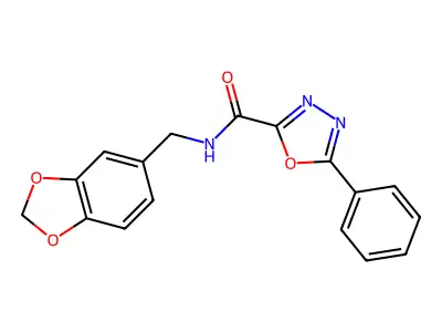 N-(1,3-benzodioxol-5-ylmethyl)-5-phenyl-1,3,4-oxadiazole-2-carboxamide structure